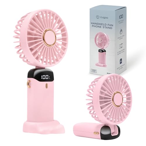 CUQOO Handventilator mit Telefonständer in Rosa – Mini-USB-aufladbare Ventilatoren mit leistungsstarkem Akku (4000 mAh) | Faltbarer Tischventilator mit 5 Geschwindigkeiten & Digitalanzeige | Tragbarer von CUQOO