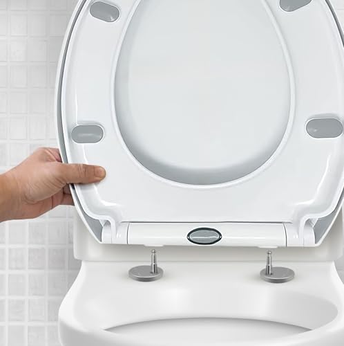 CUQOO WC-Sitz mit Absenkautomatik und Schnellverschluss – Ovaler Toilettensitz in Weiß | Verstellbar, Rutschfest, Einfache Reinigung, Universelle Passform für Standard-Toiletten von CUQOO