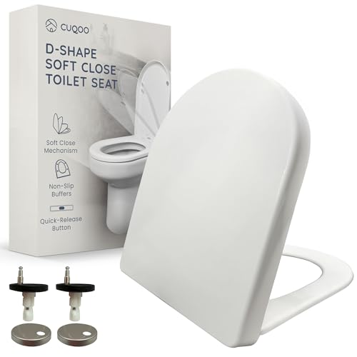 CUQOO WC-Sitz mit Absenkautomatik, hochwertiger robuster Toilettensitz mit Schnellverschluss, einfache Installation mit zwei Befestigungsmöglichkeiten oben und verstellbaren Scharnieren (D-Form) von CUQOO