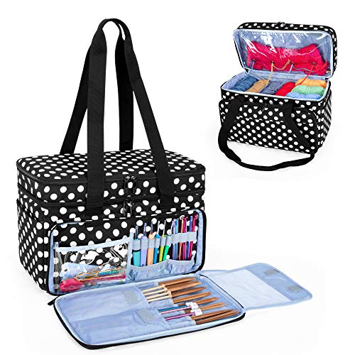 CURMIO Doppelschicht Wolle Tasche, Wolle Tragetasche für Garn, Garnaufbewahrungstasche für Stricken, Häkelnadeln, Stricknadeln (bis zu 14 Zoll) und Andere Zubehör, Weiß Punkt (Leere Tasche) von CURMIO