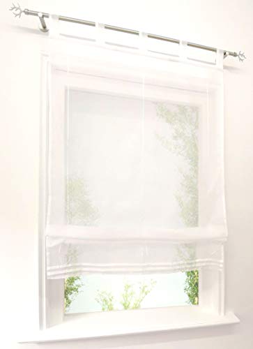 Raffrollo Voile Raffgardinen mit Schlaufen Schlaufenrollo Transparent Gardine (BxH 80x140cm, Weiß) von CURTAIN LAND