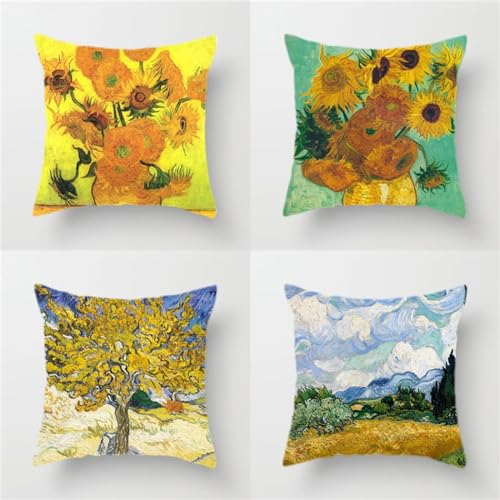 4er Pack Leinen Kissenbezug 40x40cm Sonnenblumen Landschaft Kissenhülle 40x40 Doppelseitig Sofakissen Dekokissen Quadratisch Kopfkissenbezug für Deko Wohnzimmer Outdoor Dekoration Kissenbezüge Z-7502 von CURTEK