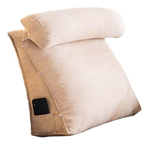 Lese- und TV-Kissen, Rückenkeilkissen mit verstellbarem Nackenkissen und Taschen, Rückenlehne Keilkissen, Sofa Bett Restkissen, abnehmbar und waschbar, Rückenlehne Lesekissen, Beige, 60 x 50 x 20 cm von CUSENA