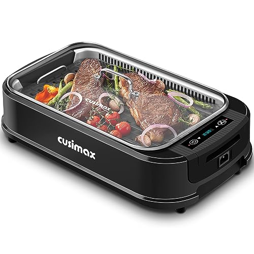 CUSIMAX Elektrogrill 1500W Tischgrill Elektrisch mit Deckel für den Innen- und Außeneinsatz, elektrische grill mit einstellbare Temperatur, herausnehmbare Ölauffangschale und Grillplatte, Schwarz von CUSIMAX