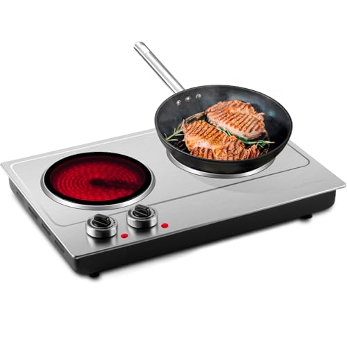 CUSIMAX Infrarot kochplatten 2er elektrisch, Glaskeramik herdplatte 2 kochfelder mit thermostat für Überhitzungsschutz, doppelkochplatte ideal zum Kochen, camping kochplatte Edelstahl Silber von CUSIMAX