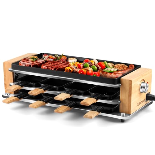 CUSIMAX Raclette Grill 8 Personen mit Holzgestell, Dreischicht-Raclette mit Antihaft-Grillplatte und Mini-Pfännchen von CUSIMAX