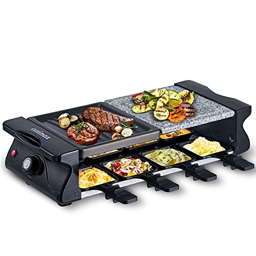 CUSIMAX Raclette Grill für 8 Personen Steinplatte und Grillplatte Antihaftbeschichtung, mit Mini-Käsepfanne für Indoor Grillgut, Stufenlos einstellbare Temperatur, 1200W, Schwar von CUSIMAX