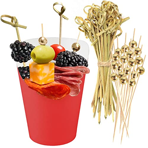 CUSINIUM Charcuterie-Becher mit 200 Stäbchen (2 Arten) – breiter vergrößerter Ausschnitt oben für bessere Präsentation – rotes Pappbecher-Set für Charcuterie-Brett, 50 Stück von CUSINIUM