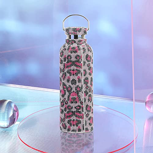 Diamant-Wasserflasche Isolierflasche Bling Strass Wärmeisolierung Hochwertiger Edelstahl Vakuum Flasche Frauen Thermo Wasserbecher für Reisen (Leopard Pink, 500 ml) von CUSROS