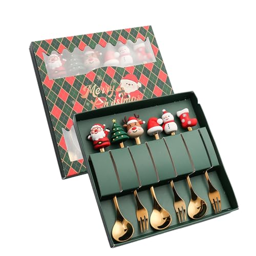 Weihnachten Kaffee Dessert Tee Suppe Löffel Gabeln Set mit Rentier Weihnachtsmann Weihnachtsbaum Schneemann Strümpfe Elch Weihnachtsmütze, Edelstahl Weihnachts-Eislöffel Kuchengabeln Golden M von CUSROS