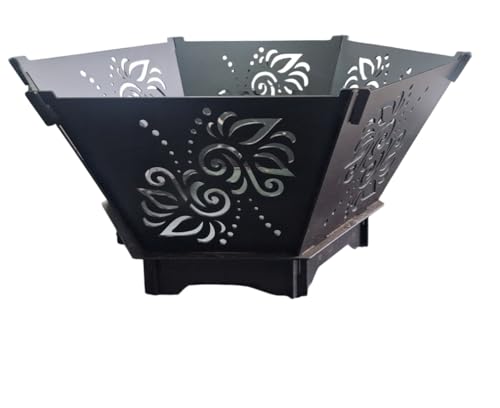 Feuerstelle Garten sechseckig aus Stahl - klappbare Feuerschale, Feuerkorb Outdoor Terrassenofen, lackiert oder unlackiert, mit oder ohne Grillrost (Lackiert mit Grillrost Blume) von CUT GUARD