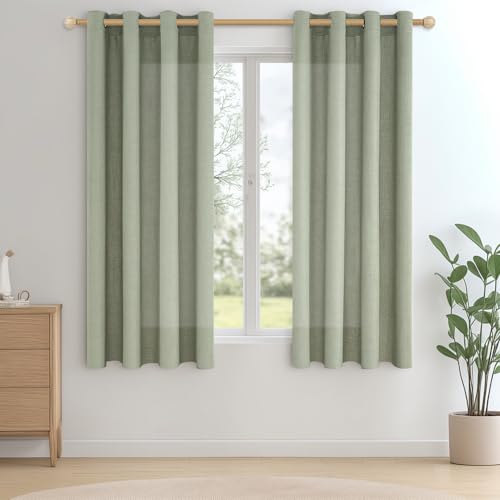 CUTEWIND Extra Lange Gardinen und Vorhänge Leinen Salbeigrün Halbtransparent Schlafzimmer, Gardinen mit Ösen 2er Set, Vorhang Leinenoptik Wohnzimmer 137 cm Lang 140 cm Breit, Gardine Landhaus von CUTEWIND