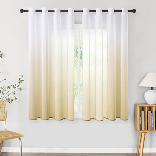 CUTEWIND Farbverlauf Vorhänge mit Ösen Transparente Gardinen Tüll und Voile Dekoschal für Fenster Schlafzimmer und Wohnzimmer 2er Set 145x140cm (HxB) Weiß-Beige von CUTEWIND