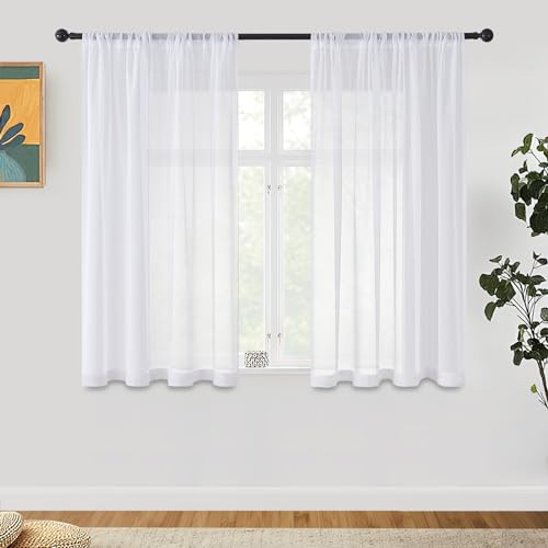 CUTEWIND Gardinen Kurz Volie Vorhänge mit Stangendurchzug Halbtransparent Vorhang aus Polyester Gardinen Wohnzimmer 140x160cm(BxH) 2er Set Weiß von CUTEWIND