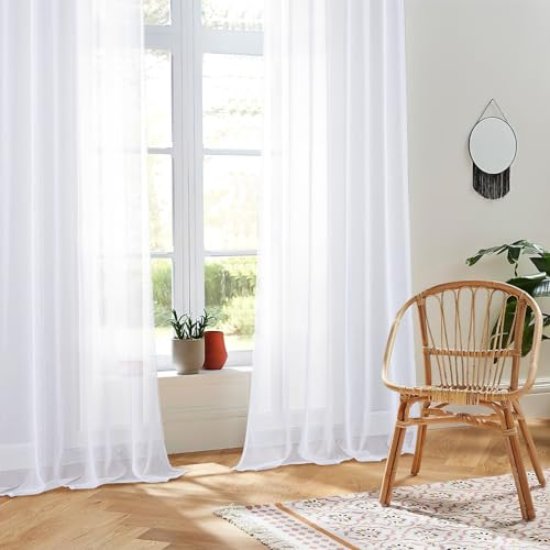 CUTEWIND Gardinen Kurz Volie Vorhänge mit Ösen Halbtransparent Vorhang aus Polyester Gardinen Wohnzimmer 140x160cm(BxH) 2er Set Weiß von CUTEWIND