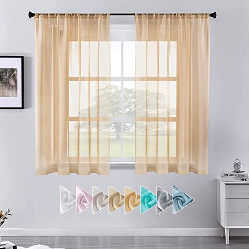 CUTEWIND Gardinen Kurz Volie Vorhänge mit Stangendurchzug Halbtransparent Vorhang aus Polyester Gardinen Wohnzimmer 140x160cm(BxH) 2er Set Hellbraun von CUTEWIND