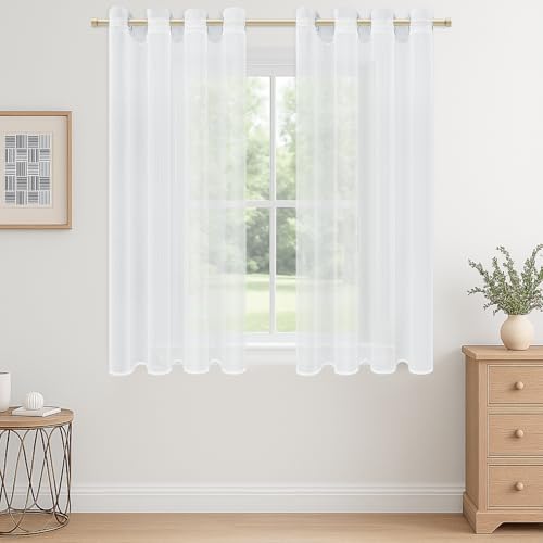 CUTEWIND Gardinen mit Ösen Kurz Fenster Gardinen Weiss Transparent Ösenvorhang Gardine Küche Vorhang Weiß Durchsichtig für Schlafzimmer Wohnzimmer 2er Set, 137 cm Lang, 140 cm Breit von CUTEWIND