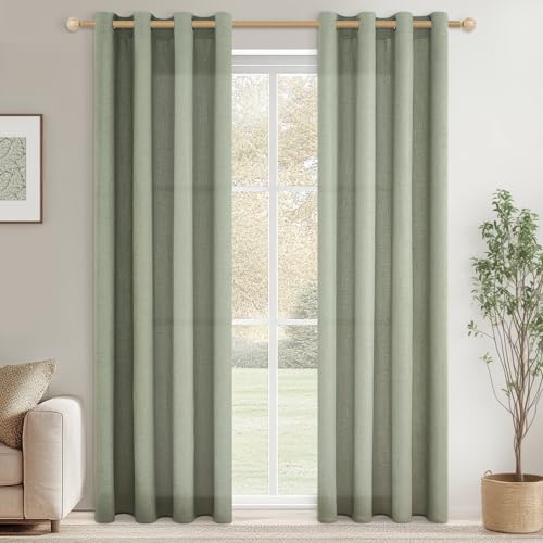 CUTEWIND Linen Curtains Living Room Vorhänge mit Ösen Leinenoptik Halbtransparent Salbeigrün 2er Set 220 cm Lang 140 cm Breit, Leinen Vorhang Wohnzimmer Gardinenschals Schlafzimmer von CUTEWIND