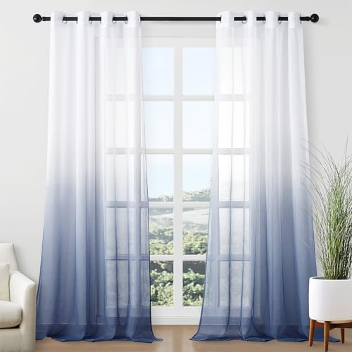 CUTEWIND Transparent Vorhänge Farbverlauf Gardinen mit Stangendurchzug für Wohnzimmer Schlafzimmer 140cm x 245cm (B x H) 2er Set Weiß-Jeansblau Voile von CUTEWIND