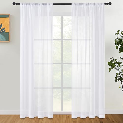 CUTEWIND Vorhänge mit Stangendurchzug Gardinen in Leinenoptik Stores Gardine Transparent Vorhang für Wohnzimmer Schlafzimmer 140x225(BxH) 2er Set je Weiß von CUTEWIND