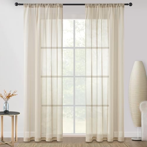 CUTEWIND Vorhänge mit Stangendurchzug Gardinen in Leinenoptik Stores Gardine Transparent Vorhang für Wohnzimmer Schlafzimmer 140x225(BxH) 2er Set je Beige von CUTEWIND