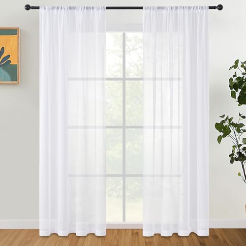 CUTEWIND Vorhänge mit Stangendurchzug Gardinen in Leinenoptik Stores Gardine Transparent Vorhang für Wohnzimmer Schlafzimmer 140x240cm (BxH) 2er Set je Weiß von CUTEWIND