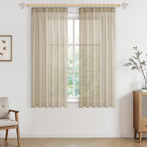 CUTEWIND Vorhang Transparent Beige 145X140cm (HxB) Gardinen Kurz mit Kräuselband Gardinen Beige Transparent Boho vorhänge Leinenoptik für Schlafzimmer Küche und Wohnzimmer, 2er Set von CUTEWIND
