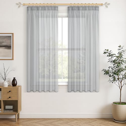 CUTEWIND Vorhang Transparent Grau 145X140cm (HxB) Gardinen Kurz mit Kräuselband Gardinen Grau Transparent Boho vorhänge Leinenoptik für Schlafzimmer Küche und Wohnzimmer, 2er Set von CUTEWIND