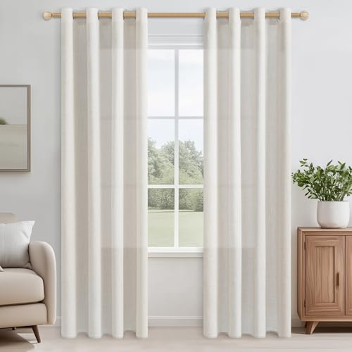 CUTEWIND Wohnzimmer Vorhänge mit Ösen und Voile Gardinen Leinenoptik Halbtransparent Ösenschal 2er Set H 200 x B 140 cm Leinenvorhänge Vorhang Linen Curtains Living Room, Elfenbeinweiß von CUTEWIND