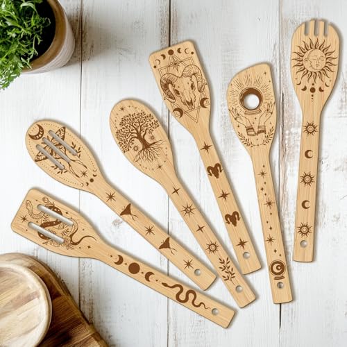 CUTHOLLOW 6-teiliges Magisches Element Küchenutensilien Holz, Kochutensilien Set Holz, Pfannenwender set Spülmaschinenfest, Kochlöffel aus Bambus, Einzigartiges Einweihungsgeschenk für Frauen von CUTHOLLOW