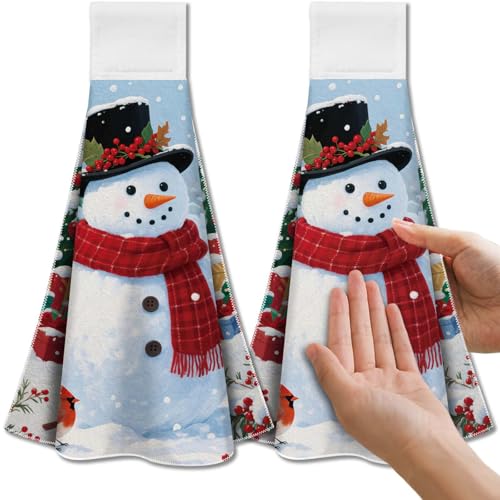 CUTHOLLOW Hängende Küchentücher 2er-Set, Weihnachtsschneemann Dekorative Handtücher mit Aufhängeschlaufe – Weiche & saugfähige Mikrofaser-Geschirrtücher für Küche, Bad oder Ofengriff von CUTHOLLOW