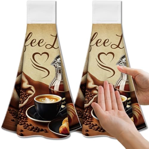 CUTHOLLOW Kaffee Motiv Hängende Küchentücher 2er-Set, Dekorative Handtücher mit Aufhängeschlaufe – Weiche & saugfähige Mikrofaser-Geschirrtücher für Küche, Bad oder Ofengriff von CUTHOLLOW