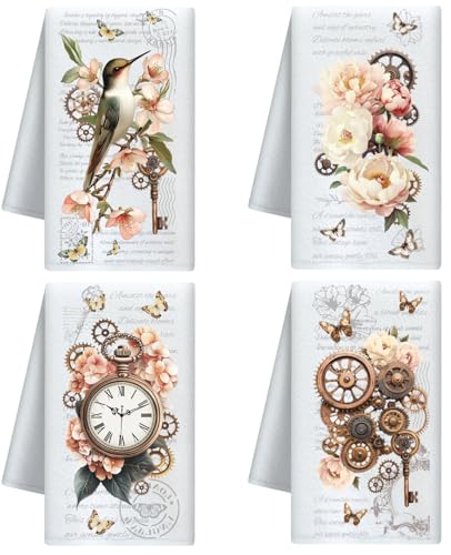 CUTHOLLOW Vintage-Zahnräder und Blume Deko Trockentuch 4er-Set, Weich & Saugfähig Geschirrtücher Microfaser für Küche, Tee, Kaffee, Bar, Zuhause, Retro Stil Geschenk für Frauen, Einweihung, Geburtstag CUTHOLLOW Vintage-Zahnräder und Blume Deko Trockentuch 4er-Set, Weich & Saugfähig Geschirrtücher Microfaser für Küche, Tee, Kaffee, Bar, Zuhause, Retro Stil Geschenk für Frauen, Einweihung, Geburtstag von CUTHOLLOW