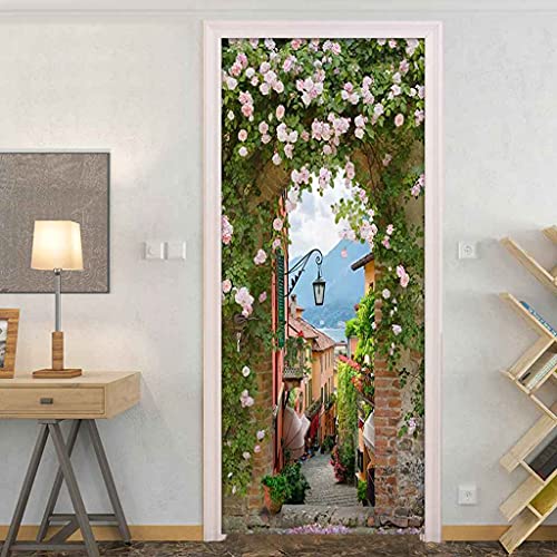 CUUDBP 3D Türaufkleber Wandbild Türposter Gasse Rosa Blumen Türtapete Für Wohnzimmer Schlafzimmer Pvc Abnehmbare Selbstklebende Türfolie Wandaufkleber Türbild Poster Fototapete 77X200Cm von CUUDBP