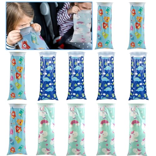 CUVZORA 12PCS Spuckbeutel, Kinder Cartoon Brechbeutel, Kotzbeutel mit Ring, für Kinder und Erwachsene Übelkeit und Erbrechen im Auto und Unterwegs, Null Geruch, Reißfester von CUVZORA