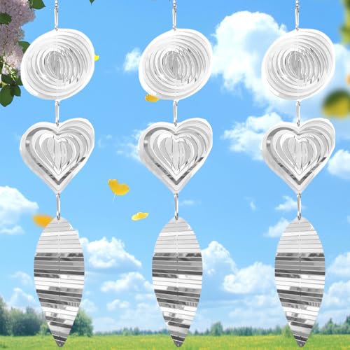 CUVZORA 3 Stück 3D Reflektierende Vogelschreck, Reflektierende Windspirale Vogelabwehr, Vogel Abwehr Garten Dekoration, Windspirale Vogelabwehr für Haus und Garten(Herzform) von CUVZORA
