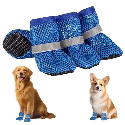 CUVZORA 4 Stück Sommer Mesh Hundeschuhe, Atmungsaktive Anti-Rutsch Hundeschuhe mit Reflektorstreifen - Leicht & Bequem für heiße Sommerböden (Blau, L) von CUVZORA