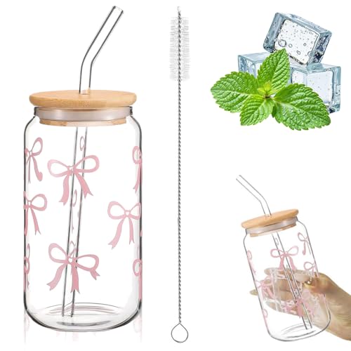 CUVZORA Eleganter 16 oz Glass,Bow Design Glasbecher mit Deckel und Strohhalm,luftdichtes und wasserdichtes Design,Vielseitig für Kaffee, Cocktails und Mehr (Schmetterlingsknoten) von CUVZORA