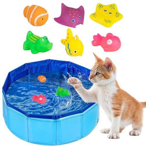 CUVZORA Katzen Pool, Katzenpool mit 6 Spielzeug, Katzenpool und Hundepool faltbar, Kleine Planschbecke, Haustier Badewanne Spiel Pool, Wasserspielzeug Minipool für Sommer(50 x 10cm) von CUVZORA