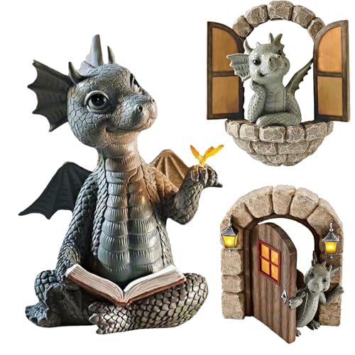 CUVZORA Schöne Hof Drachenskulptur,Gartendrachen Figuren Harz Deko,Gartenfiguren für Draußen,Outdoor Hof Dekoration, Wandmontage oder Terrasse (Buch lesen) von CUVZORA