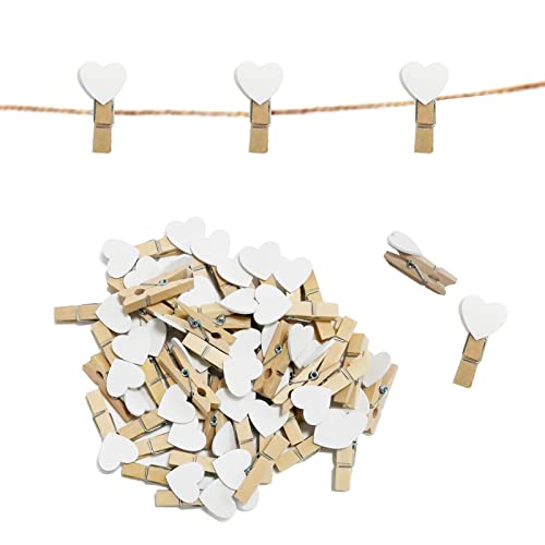 CUWELT 100 Stück Herz Wäscheklammer, 3,5cm Mini Herz Holzklammern, Herzklammern mit 30m Natur Juteschnur, Dekoklammern Zierklammern für Hochzeit Party Foto Karte DIY und Basteln, Weiß von CUWELT