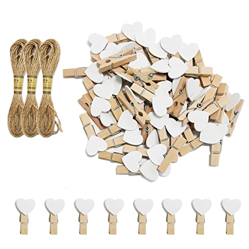 CUWELT 200 Stück Herz Wäscheklammer, 3,5cm Mini Herz Holzklammern, Herzklammern mit 30m Natur Juteschnur, Dekoklammern Zierklammern für Hochzeit Party Foto Karte DIY und Basteln, Weiß von CUWELT