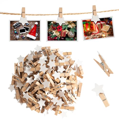 CUWELT 200 Stück Stern Wäscheklammer, 3,5cm Mini Stern Holzklammern, Sternklammern mit 30m Natur Juteschnur, Dekoklammern Zierklammern für Weihnachten Hochzeit Party Foto Karte DIY und Basteln, Weiß von CUWELT