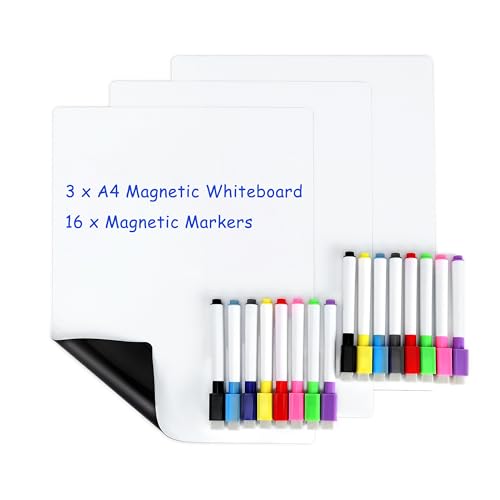 CUWELT 3 Stück A4 Magnetisches Whiteboard Folie Kühlschrank mit 16 Farbigen Markier, 30 x 21cm Magnettafel Kühlschrank, Weiß Magnetisch Memotafel, Tafel Kühlschrankmagnet für Küche-Notiz Einkaufslist von CUWELT