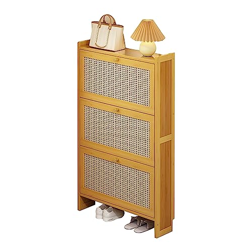 Rattan-Schrank, Schuhschrank für den Eingangsbereich, schmaler Schuhregal-Organizer, schmaler Schuhschrank, freistehender Schuhschrank aus Holz mit Metallbeinen für Eingangsbereich, Flur, Schlafzimmer von CUXAHO