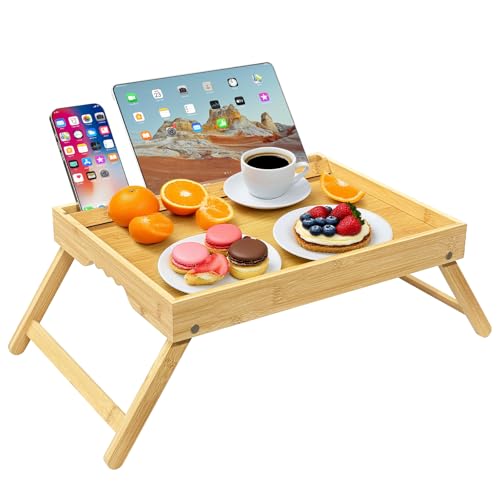 CUXFLS Bambus-Betttablett mit klappbaren Beinen, Medien-Schlitz und Handyhalterungen, Frühstückstablett auf Bett, Sofa, perfekt als Laptop-Schreibtisch, Snack- und Küchen-Servierplatte, Natur von CUXFLS