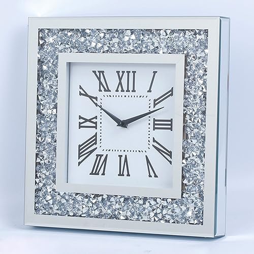 Decor Crushed Diamond Spiegel Wanduhr mit Kristalldekorationen für Zuhause (silberfarben, quadratisch, 35 cm) von CUYOU