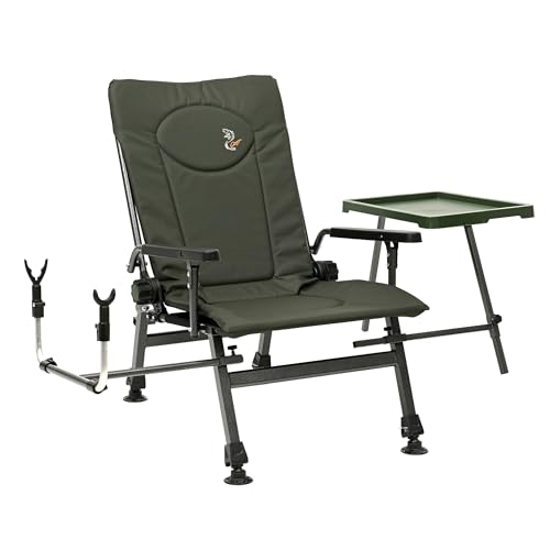 CUZO Campingstuhl Faltbar Klappstuhl Camping Angelstuhl Faltstuhl Angel Stuhl Bis 110 kg Anglersessel Wasserdicht Verstellbare Rückenlehne Liegeposition Beine Rutenhalter Tisch Grün F5R ST/P von CUZO