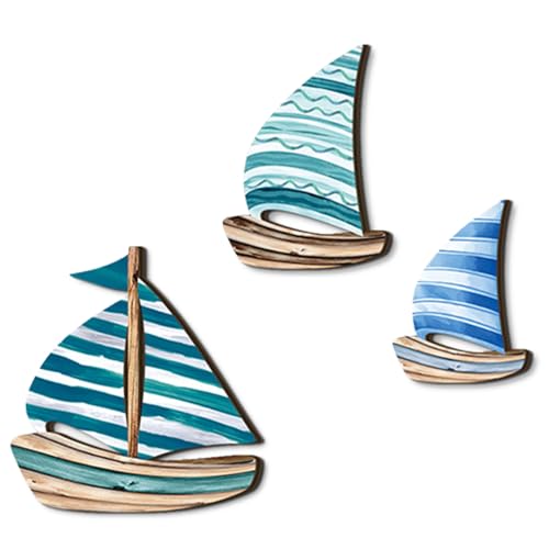 CVASNF 3 Stück Segelboot Deko, Maritime Wanddeko Segelschiff Deko Maritim Maritimer Stil Holzoptik Stranddekorationen Küstenmotiv Strand-Möwendekor für Wohnzimmer Schlafzimmer (Blau) von CVASNF