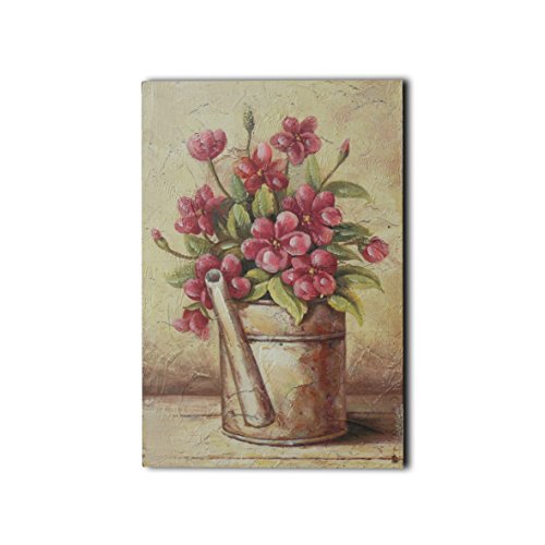 CVHOMEDECO. Flachrelief Gemälde noch Leben handgemaltes auf Holzrahmen Gießkanne mit rosa Blume Bilder für Wand, 20,3 x 30,5 cm von CVHOMEDECO.